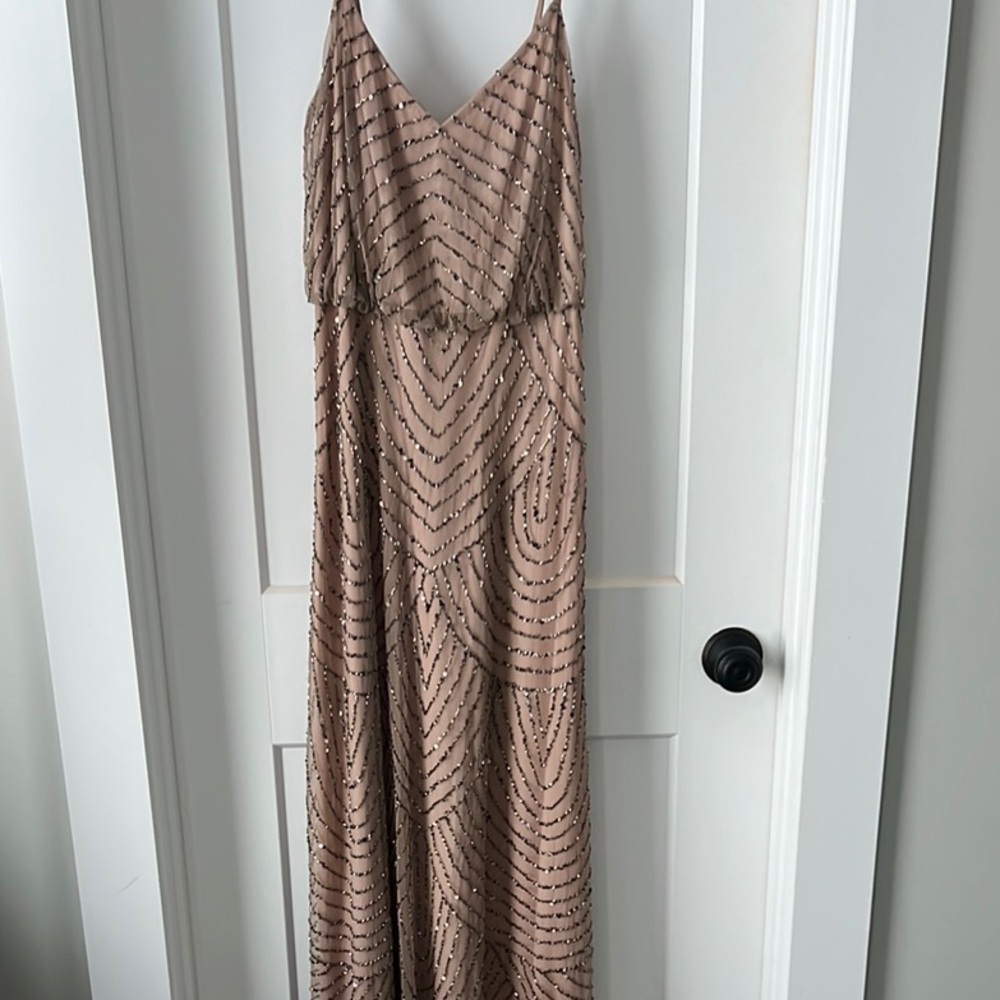 Adrianna Papell Gold Sequin Maxi Dress Sleeveless V-Neck